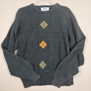 Private Club Vintage Charcoal Gray Argyle Cable Knit Sweater Mens Large